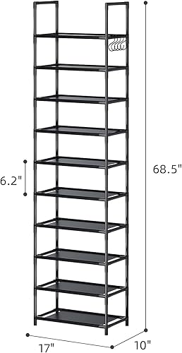 Miniatura 3 de Zapatero de 10 niveles, zapatero alto y estrecho para 20-25 pares de zapatos, estante de almacenamiento de zapatos de metal apilable extraíble,
