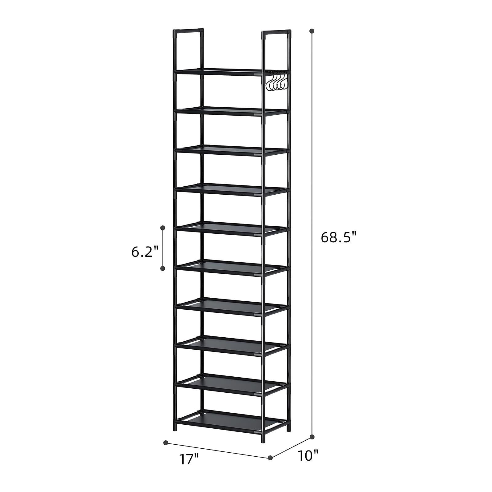 Cuandte 10 Tier Shoe Rack, Tall Narrow Shoe Rack for 20-25 Pairs of Shoes, Removable Stackable Metal Shoe Storage Rack, Non-Woven Fabric Shelves, Easy to Assemble, for Closet Entryway Bedroom