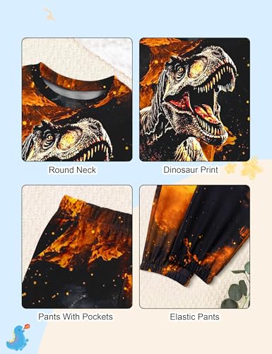 Image of Boys Clothes, T-Rex Print Dinosaur Boy Clothes Fall Winter Outfits Long-sleeved Hooded Sweatshirt Pants 2Pcs Set