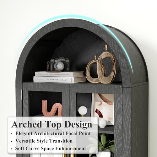 TRUNBACK 63" Arched Display Cabinet with Glass Doors, 5-Tier Display Cabinets for Collectibles Wood Display Cabinet with Adjustable Shelves Display Curio Cabinet for Living Room Office, Black by TRUNBACK - Image 3