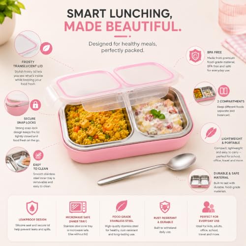 Image of Bento Lunch Box 550ml, Stainless Steel Lunch Box with 2 Compartments & Spoon, Microwave Safe BPA Free Tiffin Box, Leak Resistant Lunch Box for Kids & Adults, Office, School & Travel Pink