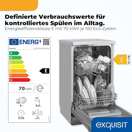 Exquisit Geschirrspüler | 9 Maßgedecke, Energieklasse E, 49 dB Geräusch | 7 Programme, Extra-Trocknung, Startzeitverzögerung, Vorspülen, Power+, Wasserschutz, Geschirrkorb | GSP59309-030E silber