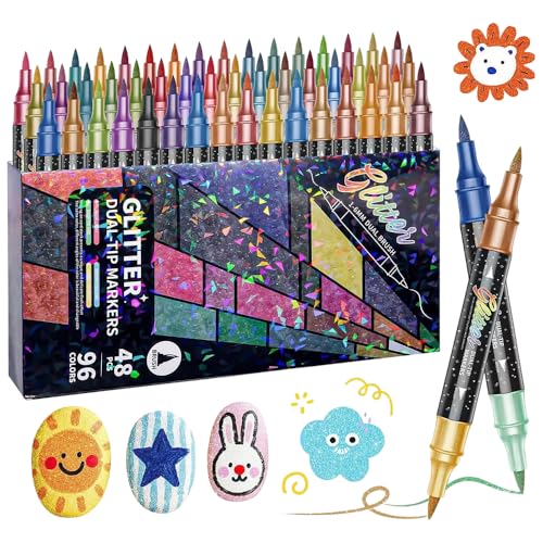 24/48/72/96 Colors Glitter Effect Brush Markers 2026 New Glitter Dual Tip Markers Professional Glitter Paint Pens Set for Adult Coloring Books Journals Card Making & DIY Crafts (96Colors)