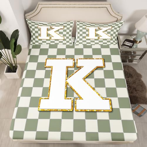 Image of Erosebridal Sage Green Checkered Bed Sheets Queen Plaid Initial K Sheet Set Personalized Monogram Bedding Set for Kids Boys Girls,Fashion Grids Gingham Fitted Flat Sheets 4 Piece