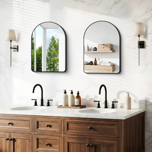 Image of BONEWEI Arched Wall Mirror,18x24 inch Black Arched Mirror Bathroom,Vanity Mirror for Over Sink Metal Frame,Tempered Glass Arch Mirrors for Bedroom,Entryway,Living Room,Home Decor Shatter-Proof