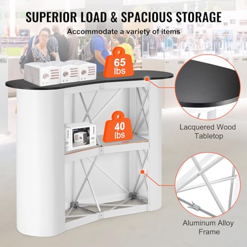 Image of VEVOR Portable Tradeshow Podium Table, 51.18 inch x 18.31 inch x 37.4 inch, Display Exhibition Counter Stand Booth Fair with Wall, Foldable Promotion Retail Bar Table Pop Up Podium with Storage Rack, Carrying Bag