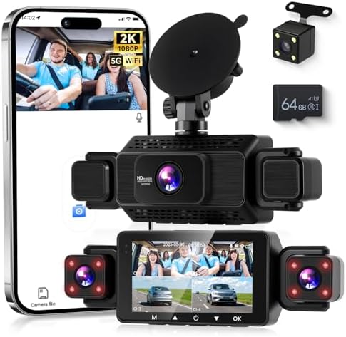VECHTEL 2K Dashcam per auto anteriore e posteriore con WiFi, 4* Dash Cam 480P Telecamera per auto con schermo IPS da 3 pollici,visione notturna,sensore G,protezione a 360 gradi,con 64 GB