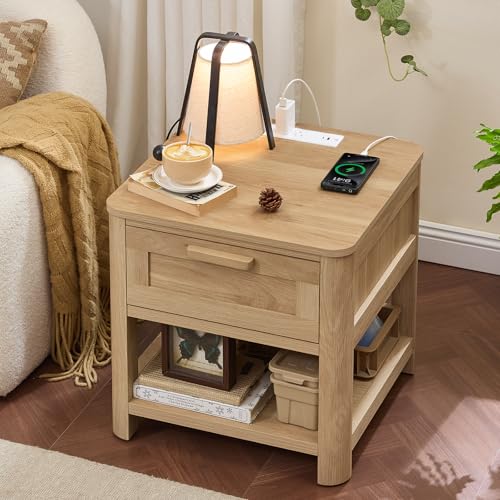 Image of Joaxswe Farmhouse Night Stand with Charging Station, Wood Bed Side Table with Drawer & Open Storage Shelf for Bedroom, Natural Wood