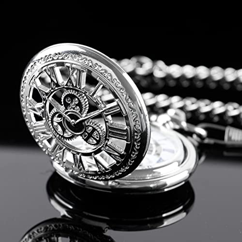 Image of Classic Silver Mechanical Pocket Watch, Roman Numerals Silver Pocket Watch with Chain Box for Men