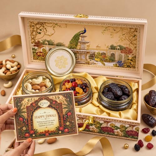 Image of Brijbooti Dry Fruits Gift Pack 510g | Premium Dry Fruits Gift Box | Almonds & Cashew Mix, Khajoor & Mix Berries | Diwali Gift Hamper | Diwali Gifts for Employees | Corporate & Festive Gift | 3 Jar Pack | Premium Peacock Design Suitcase