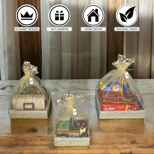 Image of (Set of 3-8 inch,10 inch,12 inch inch, Square, Beige-Stone Lace) MDF Base Designer Gift Hamper Packaging Baskets with Net Cover, Gift Hamper Organiser Perfect for Any Occasion