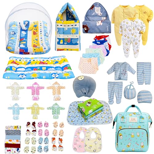 Image of Infantbond Baby Semiwinter and Monsoon Season Use Hospital Essential Combo for New Born | Gift Pack | Baby Products | Maternity Essentials | Bedding Set (64 Items)(0-6 M) (64in1 Blue Fox)