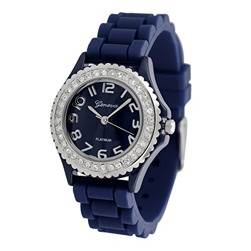 Navy Blue Geneva Silicone Ceramic Style Band Crystal Bezel Women's Watch - S Size