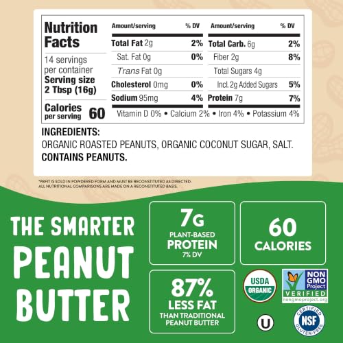 Image of PBfit 8 Ounce Organic Peanut Butter Powder, Powdered Peanut Spread from Real Roasted Pressed Peanuts, 7g of Protein 7% DV, Gluten-Free, 60 calories, 87% less fat (Pack of 1)
