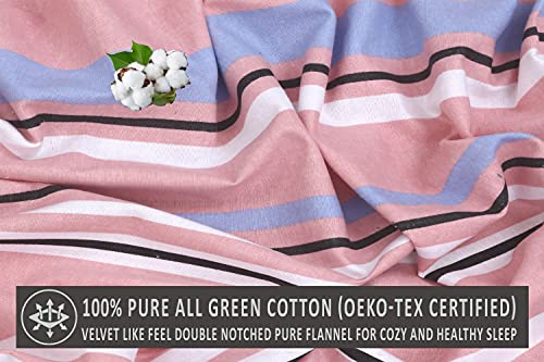 Ruvanti 100% Cotton 4 Pcs Flannel Sheets King, Deep Pocket, Warm, Super Soft, Breathable, Moisture Wicking Sheets For King Size Bed Include Flat, Fitted Sheet, 2 Pillowcase- Pink & Blue Stripes #TOP3