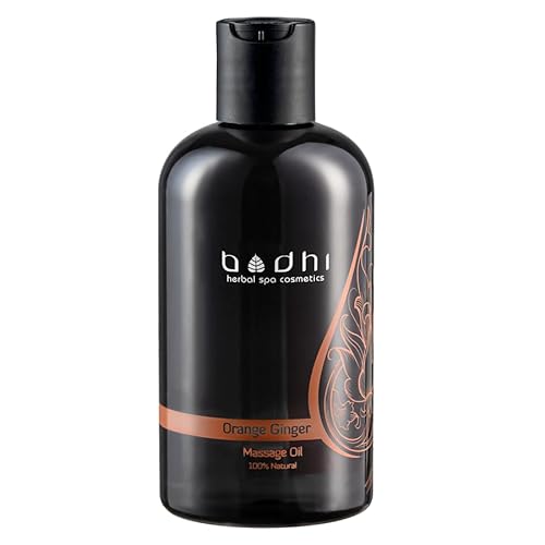 Bodhi® Olio da massaggio arancione e zenzero, 250 ml, con oli essenziali, per il rilassamento muscolare, con olio di cocco e riso, vegano e 100% naturale