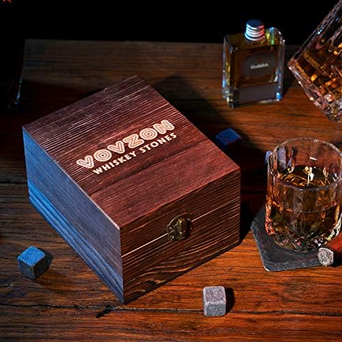 Whiskey Stones and Glass Gift Set for Men  4 Whisky Scotch Bourbon Chilling Stones + Whiskey Rock Glass + Slate Coasters for Whiskey, Christmas/Father's Day/Birthday Gift/Present for Dad Boyfriend