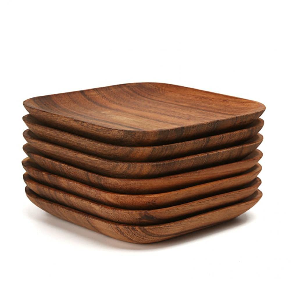 Angoter 2PCS Square Wooden Plate Set Premium Acacia Wood Cake Plate Dishes Dessert Serving Tray Wood Sushi Plate Dinnerware Tableware