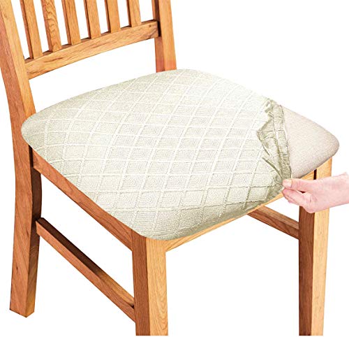 Premium Jacquard Chair Seat Covers, Stretch Anti Dust Chair Covers with Elastic Ties, Removable Washable Dining Upholstered Chair Seat Cushion Slipcovers for Dining Room, Kitchen, Office (4, Ivory)