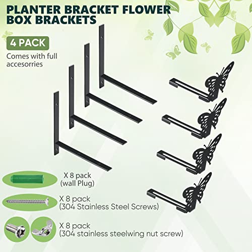 Venhoo Planter Box Brackets For Window Boxes Planters Hooks Sturdy Wall Mount Flower Box Holders With Butterfly, Planter Shelving With Adjustable Size The Width Of The Bottom Of The Planter Box-4 Pack #TOP3