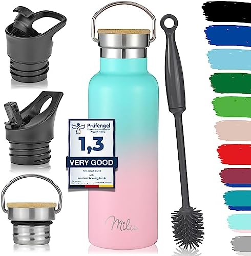 Milu kubek termiczny ze stali nierdzewnej na wynos 500ml, 750ml, 1000ml (+3 pokrywy) - termos butelka ze słomką, izolowana butelka na wodę, szczelna izolowana butelka dwuwarstwowa, gazowana (Czarny, 750ml)