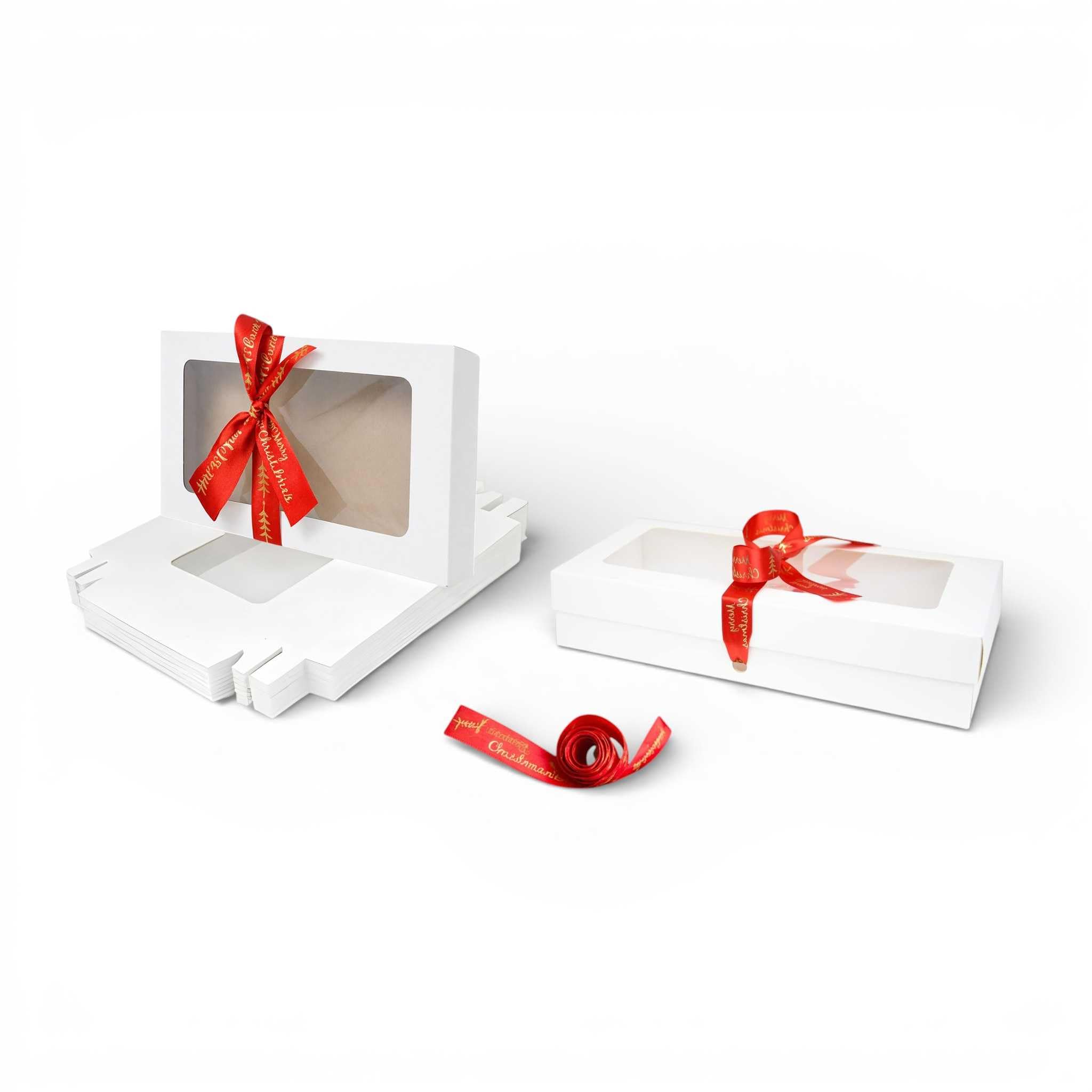 Emartbuy Pack of 96 White Gift Boxes with Clear Window Lid & Christmas Red Satin Ribbon - Large Wide 29.5 x 22 x 4.5 cm - Recyclable Kraft Presentation Box for Hampers, Treats, Weddings & Favours