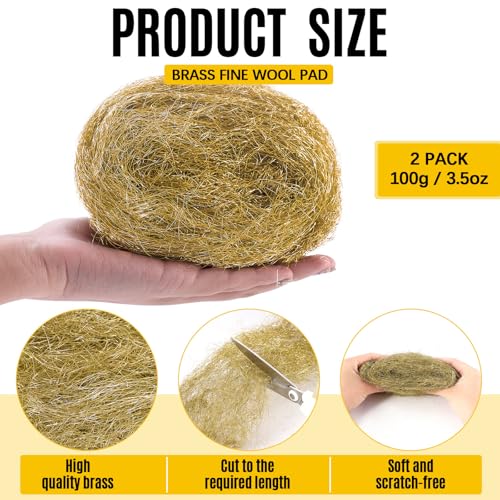Image of Teenyyou 2 Pcs 3.5 Ounce Brass Wool Pads Soft and Reusable Wool Skein to Polish, Smooth, Stand Strip Wood and Metal Surface Oxide