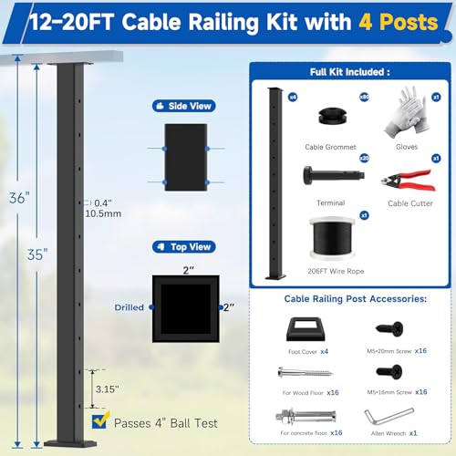Zylorix 36\" 12–20FT Swageless Black Cable Railing System Post Kit with 4 Level Posts, Patent Reusable Cable Railing Kit, T304 Stainless Steel, Upgraded Powder Coated for Outdoor Decks