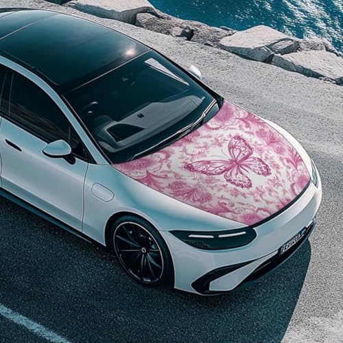 Image of Hood Stretchable Car Hood Protector,Decoration Easy to Clean Print Stylish Car Hood Cover Easy Installation Pink Butterfly Print