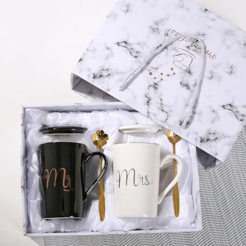 Mr and Mrs Coffee Mugs Unique Wedding Gifts For Bride and Groom Romantic His and Hers Anniversary Engagement Christmas Valentines Newlyweds Bridal Shower Gift Ideas for Couples Him Her Husband Wife