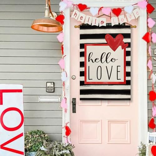 Drapeau de jardin rayé motif Hello Love grand format vertical
