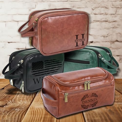 Oqeiplx Personalized Leather Toiletry Bag for Men,Custom Engraved Travel Shaving Dopp Kit Bag,Customized Name&Logo Gift for Father,Husband, Boyfriend,Groomsmen,Anniversary,Birthday