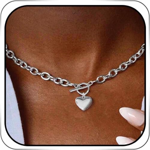 Avanlin Heart Toggle Necklace Silver Plated Chain Choker Charm Pendant