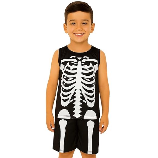 Conjunto Infantil Temático Calupa Fantasia Esqueleto Regata e Short