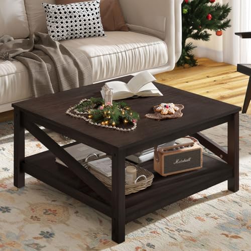 YITAHOME 2-Tier Square Coffee Tables with Storage, ,Center Table for Home,Wood Industrial Small Farmhouse Cocktail Table, Espresso
