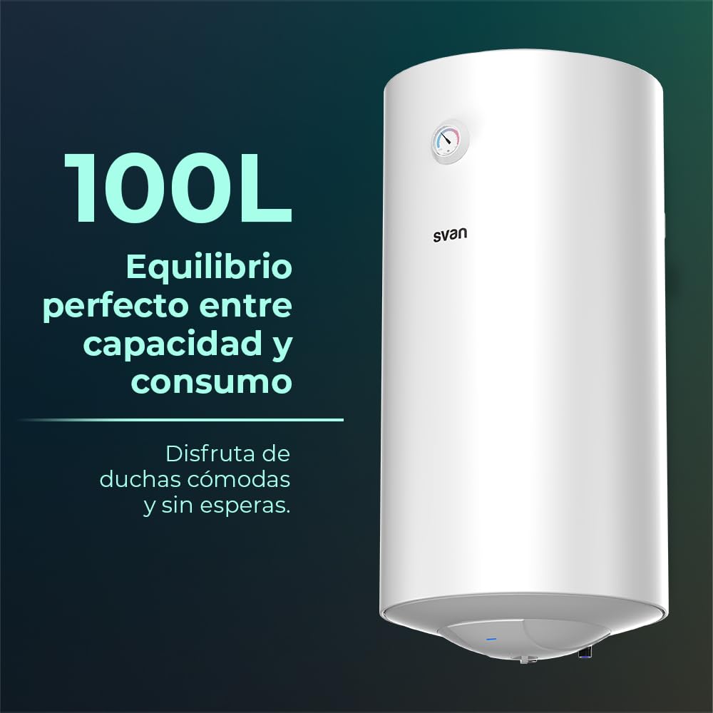 Svan Termo Eléctrico Vertical 100 Litros ST1001. Instalación Vertical, 1500W, Incluye Kit de Montaje, Resistencia de Acero inoxidable, Blanco, Eficiencia Energética Clase C