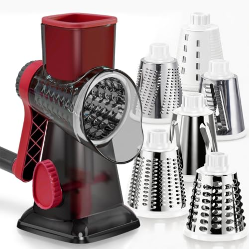 Image of KEOUKE Rotary Cheese Grater Pro 6 in 1 - Shredder Crinkle Slicer Grinder Ice Shaver, Stable Suction, Time-saving Easy Use & Clean, Safe Morden Kitchen Tool for Cheese, Vegetable, Nuts, Chocolate