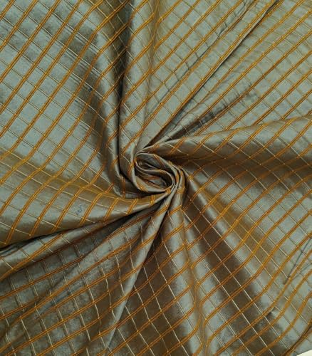 Tissu Dupioni à carreaux bleu ardoise et marron moutarde pour haute couture