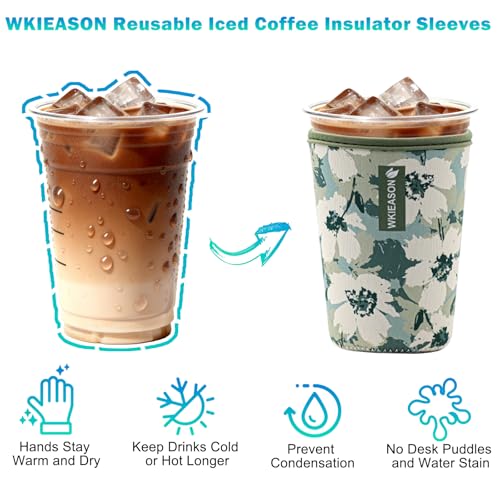 Image of Reusable Iced Coffee Cup Sleeve Insulator for Cold Beverages and Neoprene Cold Coffee Cup Sleeves Cooler Cover 16-32OZ for Coffee Cups, McDonalds, Dunkin Donuts, More(Floral green)
