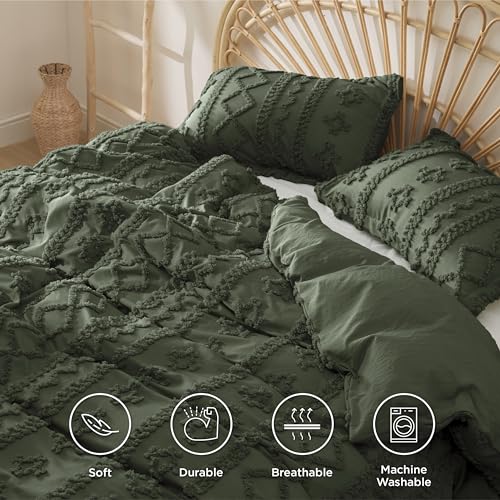Image of Bedsure Boho Duvet Cover Queen Size, Soft & Comfortable Elegant Design Boho Bedding for Decoration, Machine Washable Comforter Cover for All Seasons,Includes 1 Duvet Cover & 2 Pillow Shams,Olive Green