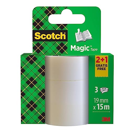 Scotch Cinta Mágica - 2 Rollos de 19 mm x 15 m + 1 GRATIS - Cinta Adhesiva de Uso General para Reparación, Etiquetado y Sellado de Paquetes y Documentos