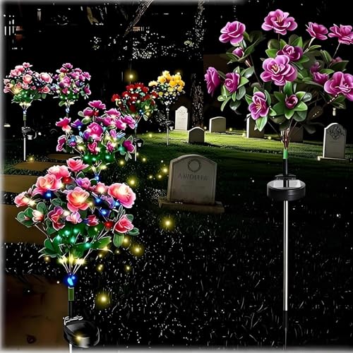 Yrsozi Luces conmemorativas para jardín, con 56 luces LED de color, flores conmemorativas, con pétalos artificiales ultra realistas, luces solares de jardín resistentes a la intemperie para cementerio