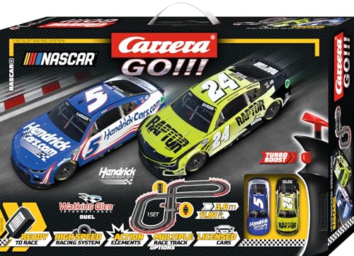 Image of Carrera GO NASCAR Watkins Glen Slot Car Race Track Set - Larson & Byron | Official NASCAR toys racing set. Features 11.8-ft track, lap counter, junction track, Drivers Larson #5 & Byron #24