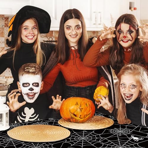 Image of 3-Piece 54 x 108 Inch Halloween Spider Web Plastic Tablecloth - Black and White Cobweb with Spiders Patterns, Disposable Rectangle Table Cover for Birthday Dining Table Cover Indoor Outdoor Decoration