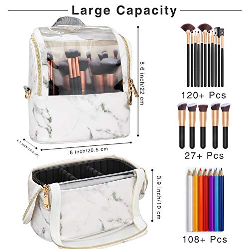 Makeup Brush Case Stand-up Makeup Cup Makeup Brush Holder Travel Professional Cosmetic Bag Artist Storage Bag with Shoulder Strap and Adjustable Divider (Marble)