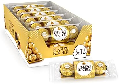 FERRERO ROCHER Fine Hazelnut Milk Chocolate - 3 Individually Wrapped Chocolates Per Pack - 12 Packs - 450 g