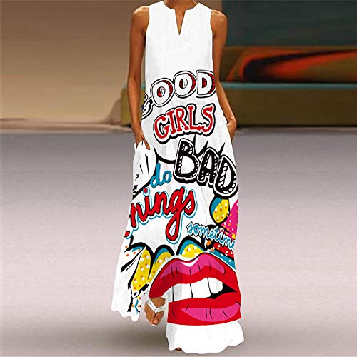 Vestido túnica feminino com decote em V e bainha folgada, vestido estampado, vestido longo sem manga