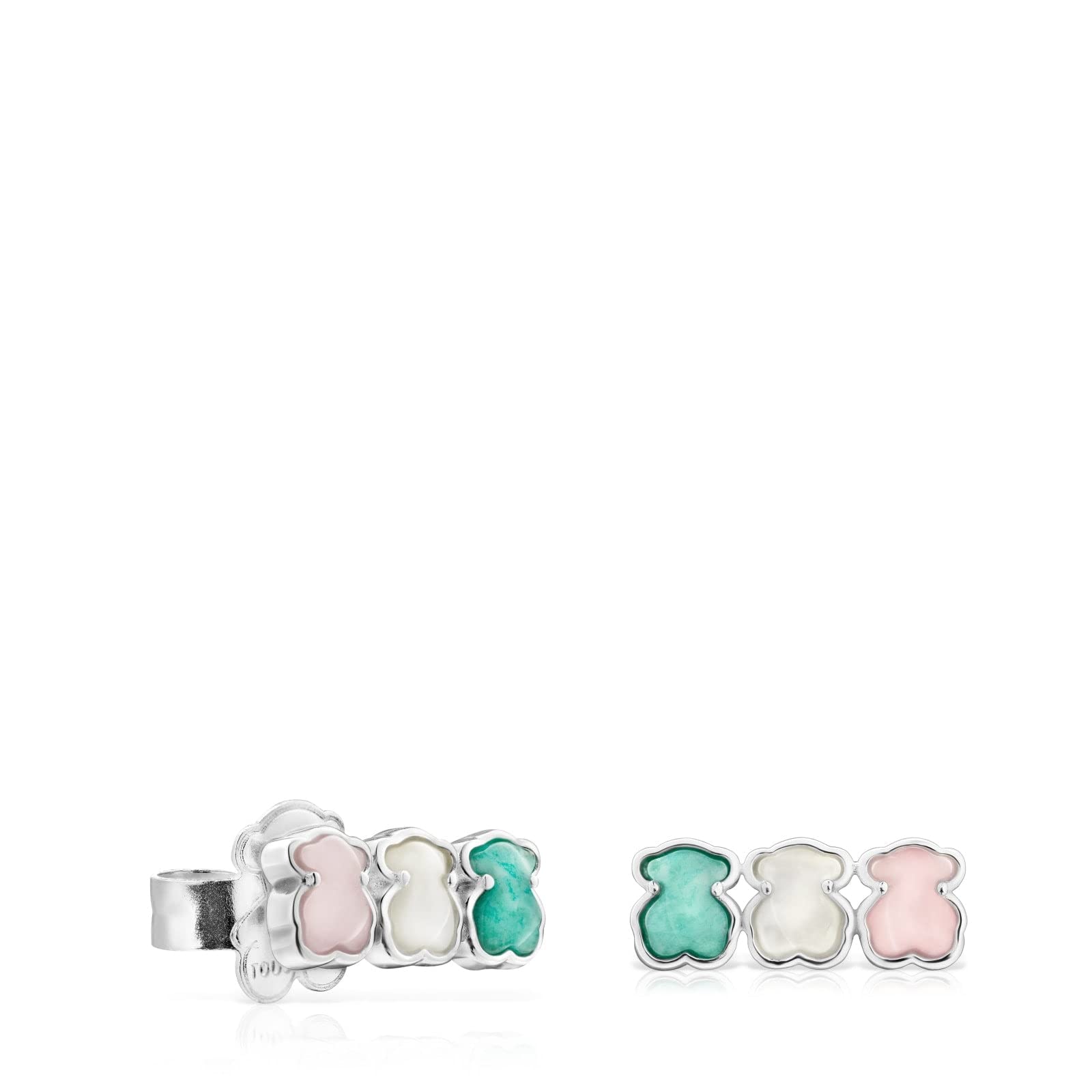 TOUS Pendientes de Plata de Primera Ley para Mujer con Motivo 3 Osos en Gemas Preciosas de 0.4 cm y Cierre de Presión, Versátil y Elegante, Colección Mini Color
