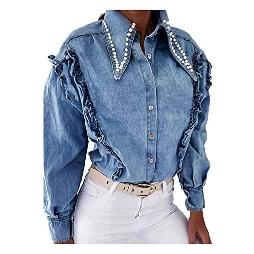 Kvinna jeansskjorta revers pärla jeansjacka långärmad skjorta dam oversize skjorta blus damblus jeansblus väskor långärmad skjorta arbete casual skjortor toppar blus denim skjorta topp, blå, S