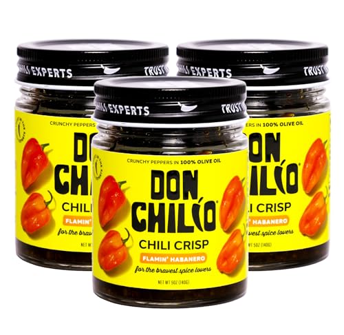 Image of Don Chilio Hot Habanero Mexican Chile Crisp, 5 oz., 3 Pack - Crunchy Sliced Habanero Fried Chili Peppers in Hot Seasoned 100% Olive Oil - Keto-Friendly, Vegan, Gluten Free